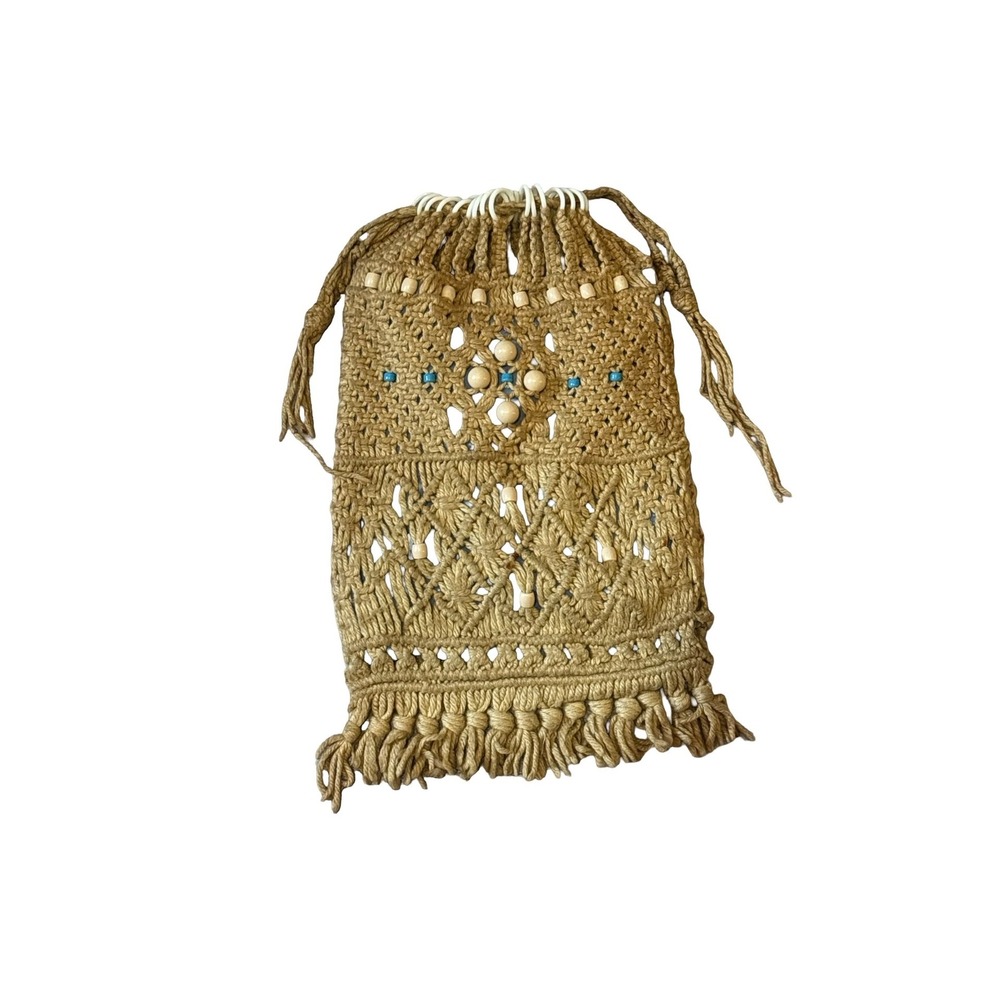 Vintage Macrame Drawstring Bag Beaded Boho Fringe Festival Pouch Tan Blue Lining